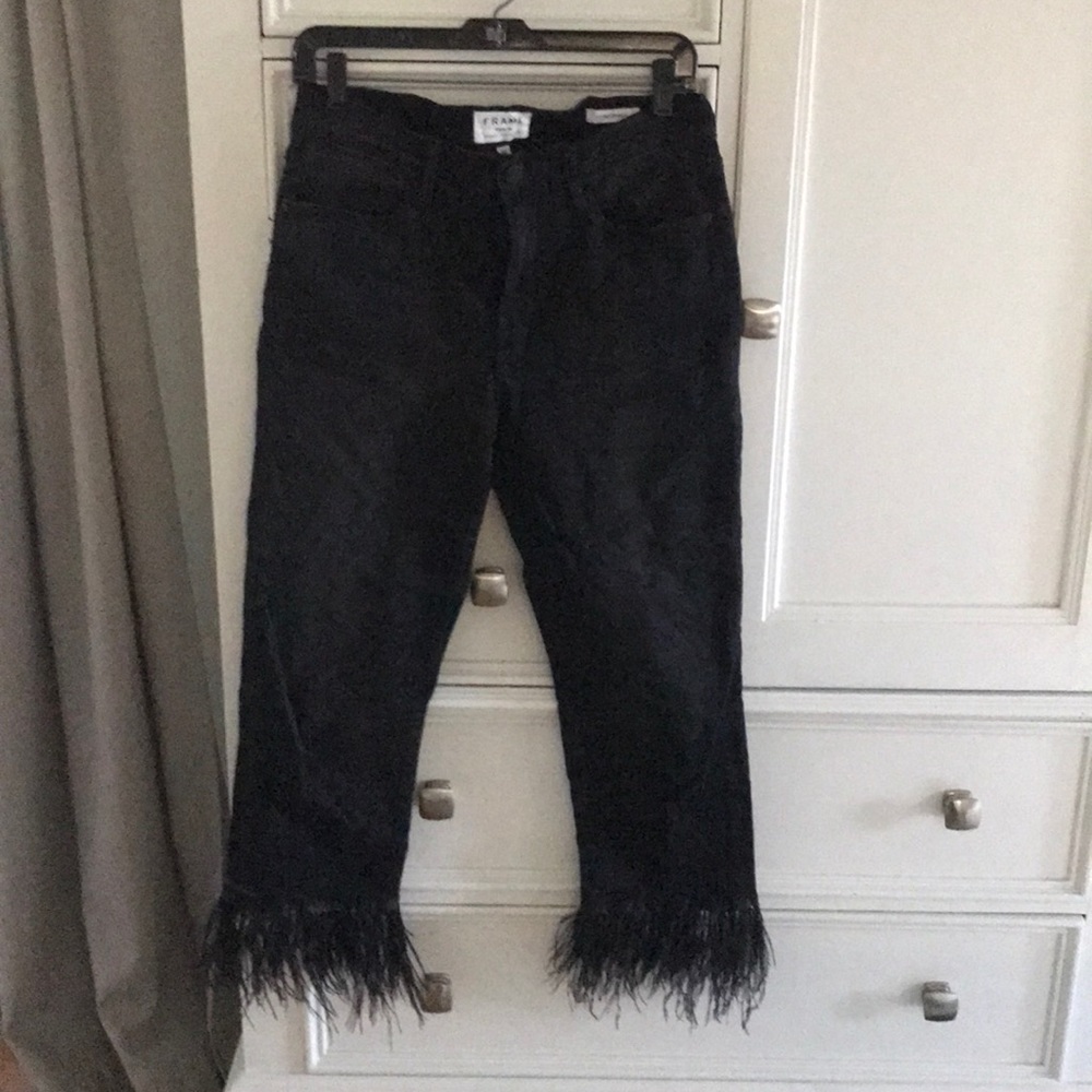 Frame Black Denim pants with Ostrich Feather Trim